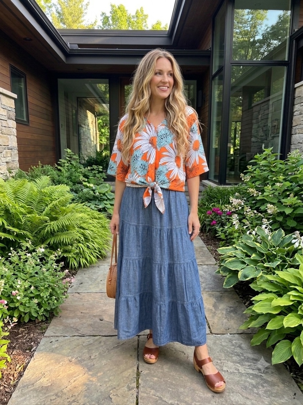 Denim-Style Blue Tiered Maxi Skirt - Women's Casual Flow